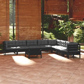 vidaXL 9 pcs conjunto lounge jardim c/ almofadões pinho maciço preto
