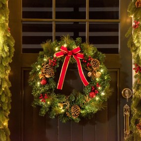 Grinalda de Natal artificial iluminada com 20 LEDs, com 60 cm - decorada com azevinho e pinhas verde