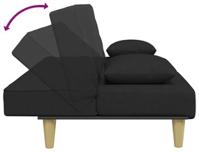 Sofá-cama 2 lugares c/ almofadas e apoio de pés tecido preto
