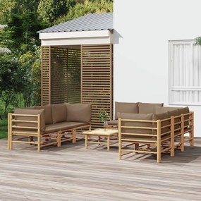 vidaXL 9 pcs conj. lounge jardim bambu almofadões cinzento-acastanhado