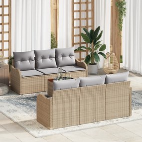 Conjunto de Sofás para Jardim de 7 Peças com Almofadas Bege Rattan Acácia