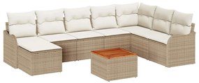 Conjunto de Sofá de Jardim de 9 Peças com Almofadas Bege Vime Sintétic