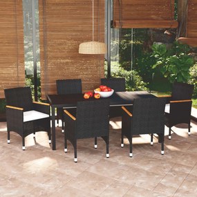 vidaXL 7 pcs conjunto de jantar p/ jardim c/ almofadões vime PE preto