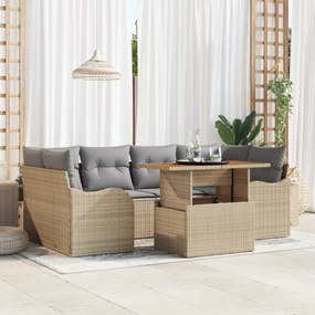 Conjunto de Sofá de Jardim de 7 Peças com Almofadas Bege em Vime Polié