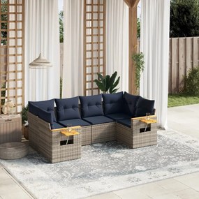 6 pcs conjunto sofás p/ jardim c/ almofadões vime PE cinzento