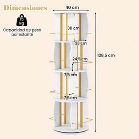 Estante Giratória para Livros de 4 Níveis, 40 x 40 x 128,5 cm, Rotação de 360°, Branco