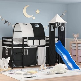 Cama alta criança c/ torre 80x200 cm pinho maciço branco/preto