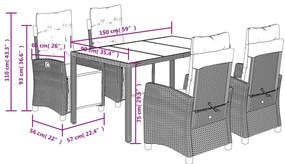 5 pcs conjunto de jantar p/ jardim c/ almofadões vime PE cinza