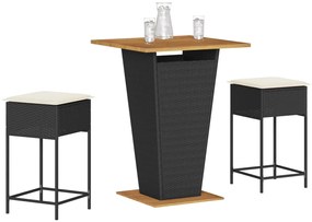 3 pcs conjunto de bar para jardim c/ almofadões vime PE preto