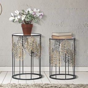 MESA DE APOIO FOGLIE GLAM Ø 38X55-33X50 CM PRETO E DOURADO