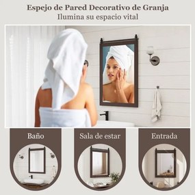 Espelho de parede estilo rústico 76,5 x 56 cm com moldura de madeira e suporte de metal para corredor, sala de estar, quarto 76,5 x 56 cm Cor Nogueira