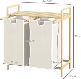 Cesto de roupa suja em bambu com 2 cestos removíveis e deslizantes em tecido não tecido 63,5 x 33 x 73 cm creme