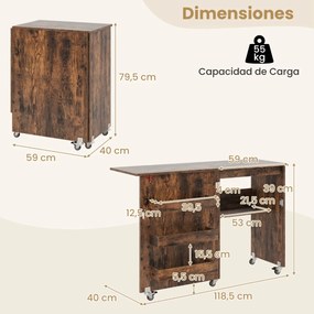 Mesa de costura dobrável com prateleira, 3 compartimentos ocultos e rodas bloqueáveis, 118,5 x 40 x 79,5 cm, castanho