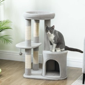 Arranhador  para gatos com torre de brincadeiras, arranhadores, plataforma, compartimentos abertos, bola e tecido felpudo, 60 x 45 x 90 cm, cinzento c