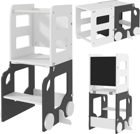 AIYAPLAY Torre de Aprendizagem 4 em 1 para Crianças em Forma de Carro Convertível em Mesa e Cadeira 58x46x92 cm Branco e Cinza | Aosom Portugal