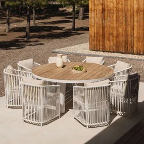 Conjunto De Mesa Redonda Riviera, Ø180 Cm, Em Madeira De Teca E Alumínio, E 8 Cadeiras De Jardim Sophie Em Alumínio E Corda Tran Gardénia Branco -