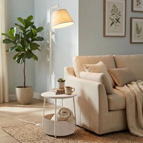 Mesa de cabeçeira com candeeiro de pé LED, prateleira e cesto de tecido, estrutura em aço, branca