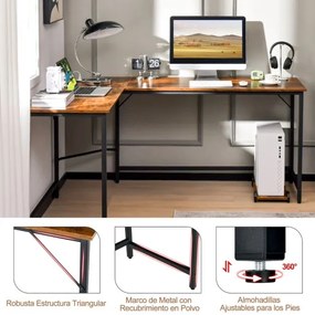 Secretária em forma de L com tomada eléctrica Suporte para CPU de 168 cm e estrutura metálica robusta para o escritório Castanho