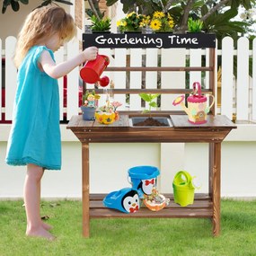 Mesa de jardim para crianças de abeto para crianças dos 3 aos 7 anos com pia amovível 4 vasos Quadro negro adicional Jardim