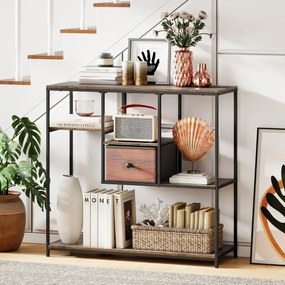 Mesa Consola 100 cm com Gaveta de Armazenamento e Estante de 4 Níveis Estilo Industrial para Sala e Corredor Castanho rústico e preto