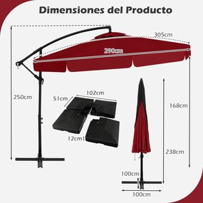 Conjunto de guarda-sol cantilever de 305 cm com inclinação de 0 a 35°, manivela, 8 varas, capa e base recheável com água/areia de 128 kg, vermelho