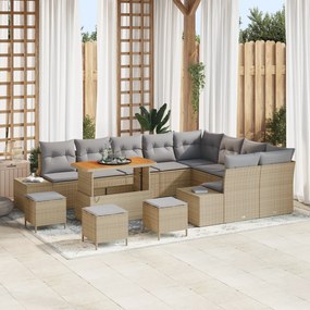 Conjunto de Sofá de Jardim de 13 Peças com Almofadas Bege Rattan Poli