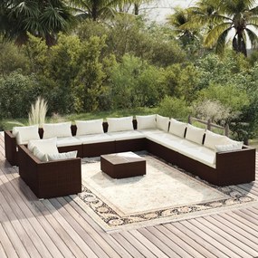 vidaXL 12 pcs conjunto lounge jardim c/ almofadões vime PE castanho