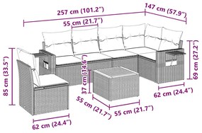 7 pcs conjunto de sofás p/ jardim c/ almofadões vime PE preto