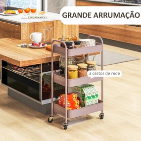 Carrinho Auxiliar de 3 Níveis com Rodas Carrinho de Armazenamento Deslizante para Cozinha Sala 45x30.6x79 cm Rosa