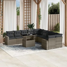 11 pcs conjunto sofás de jardim c/ almofadões vime PE cinzento