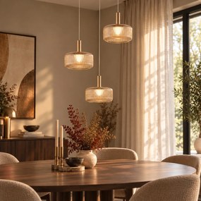 Candeeiro Suspenso de Design Ouro Rosa com Vidro Âmbar, LED Integrado Regulável em 3 Passos, 3 Luzes, Easylift - Fiera