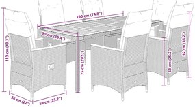 7 pcs conjunto de jantar p/ jardim c/ almofadões vime PE preto