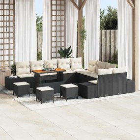 Conjunto de Sofá de Jardim vidaXL de 14 Peças com Almofadas Preto Polirattan Acácia