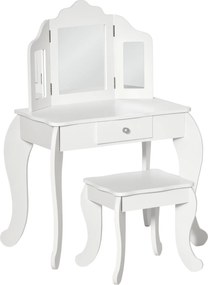 Toucador infantil com banquinho com espelho triplo e gaveta deslizante 63 x 40 x 85,5 cm - Branco acrílico