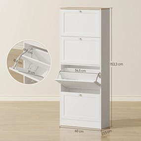 Sapateira com capacidade 60 x 23,5 x 153 cm para 24 pares, com 4 gavetas rebatíveis e prateleiras ajustáveis, branco