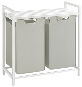 Cesto de roupa suja VASAGLE, cesto de roupa suja com 2 compartimentos, sacos de roupa sujos removíveis, separador de roupa suja, prateleira, estrutura de metal, 2 x 46L, 73 x 33 x 72 cm, branco BLH201W01