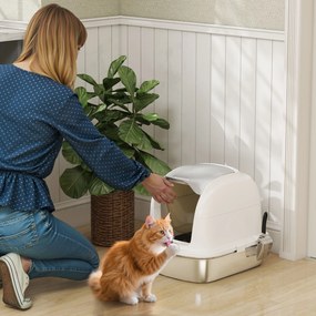 Caixa de Areia para Gatos em Aço Inoxidável XL com Tampa Abatível Laterais Altas Entrada Superior e Pá 52,4x41,3x42 cm Branco