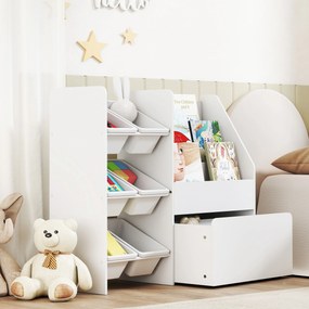 Estante Infantil para Brinquedos com 6 Caixas Removíveis 3 Prateleiras Abertas e Gaveta Inferior com Rodas 100x30x80 cm Branco
