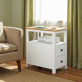 Mesa de apoio, mesa de cabeçeira estreita 60 x 35 x 60 cm com régua de tomadas, 2 gavetas castanho-branco