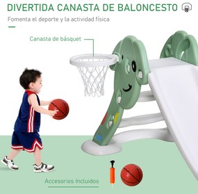 HOMCOM Escorrega infantil para crianças acima de 2 anos com cesta de basquete Interior e exterior carga 25 kg Acessórios incluídos 160x35x68 cm Verde e Branco