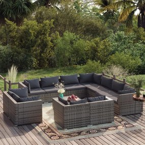 12 pcs conjunto lounge de jardim c/ almofadões vime PE cinzento