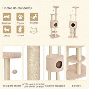 Arranhador para Gatos Altura 148 cm Arranhador para Gatos com Postes de Sisal 3 Plataformas Casa e Bola Suspensa Bege