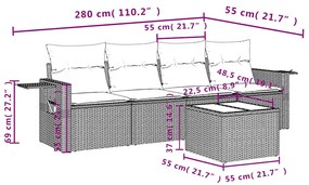 5 pcs conj. sofás jardim c/ almofadões vime PE cinzento-claro