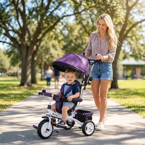 Triciclo Evolutivo para Bebés de +12 Meses 2 em 1 com Toldo Dobrável Guiador Cinto de Segurança e Cesto 95x50x106 cm Roxo