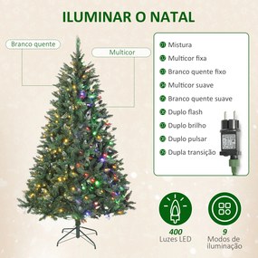 Árvore de Natal 210 cm com Luzes LED 9 Modos de Iluminação 1160 Ramos e Neve Artificial Verde