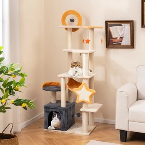 Arranhador para gatos grande 61 x 41 x 160 cm alto com brinquedos, rede e base estável para vários gatos bege