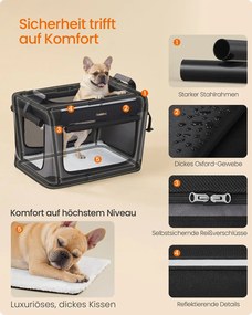 Transportadora dobrável para animais estimação 60 x 42 x 42 cm com 4 portas em tecido de rede Preto