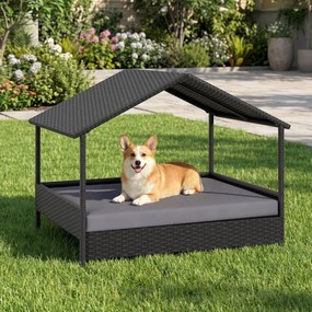 Cama de rattan para cães com toldo de rattan, para jardim 98 x 69 x 74 cm, Suporta 60 kg Almofada removível para interior e exterior cinza e preto