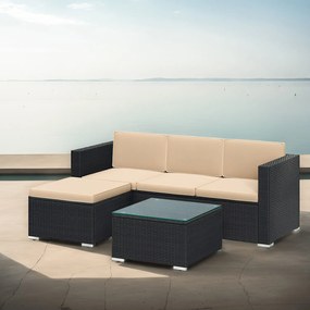 Conjunto de jardim, mobiliário de pátio em Polyrattan, mobiliário de varanda com almofadas e mesa de vidro Preto-Taupe