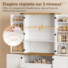 Armário cozinha 76 x 40 x 182 cm 4 portas, 3 gavetas, 8 suportes para prateleiras e prateleiras ajustáveis, 76 x 40 x 182 cm, branco